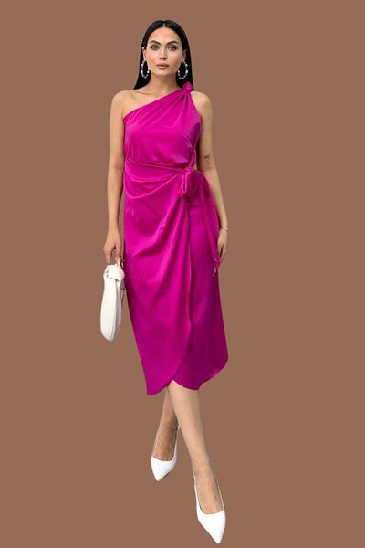 lovebox Belted Satin Women's Evening Dress with Knot Detail on the Shoulder 003