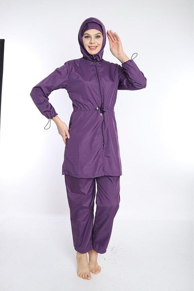 TUTUYA TEXTIL Large Size 4 Piece Hijab Swimsuit with Tie Detail, Zippered Suit