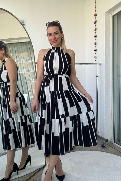 Kubos Moda Halter Neck Piano Pattern Black Long Sleeveless Dress