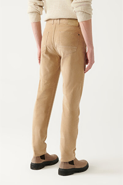 Avva Men's Beige 100% Cotton Dobby 5 Pocket Lycra Velvet Trousers A22Y3044
