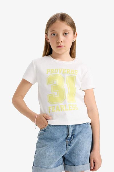 DeFacto Tricou cu mânecă scurtă cu imprimeu pentru fete, slim fit, slim fit, cu decolteu, E5897A825SM