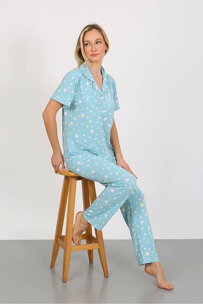 dealp Set de pijamale de vară din bumbac cu mâneci scurte, cu nasturi în față