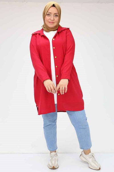 Eslina 58081 plus size buttoned collar detailed linen tunic - burgundy