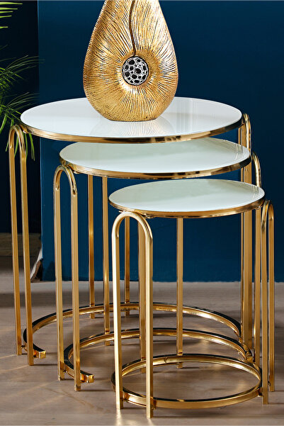 SEDAŞ LIVING UNITS Lenka Zigon Sehpa Takımı Yuvarlak 3'lü Gold Metal - Beyaz ...