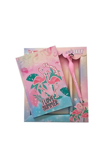 Saten Caiet A5 cu 48 de coli cu capac Flamingo și cutie de creion (MODELUL DE PENIT POATE FI FALS)