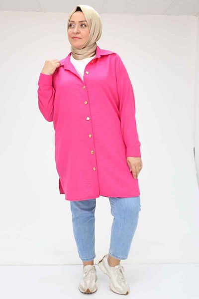 Eslina 58081 large size buttoned collar detailed linen tunic - fuchsia