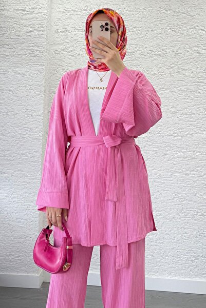 MELEK ARAZ طقم بنطلون كيمونو مزدوج - وردي