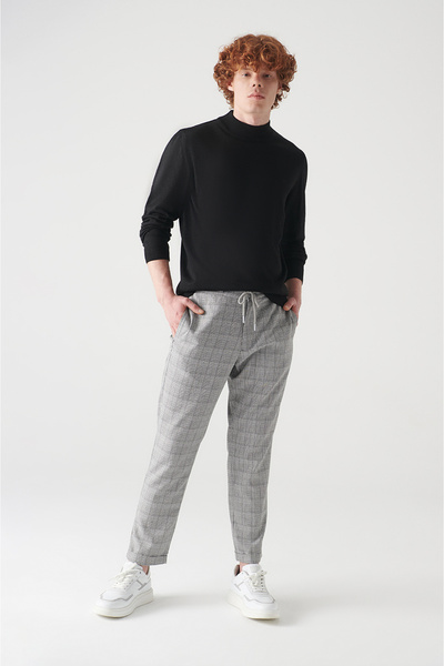 Avva Men's Gray Elastic Waist Plaid Jogger Pants E 003017