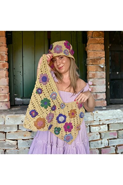 Flux Design Factory El Örgüsü Hasır Rafya Çiçekli Büyük Plaj Çantası Zarf Çanta