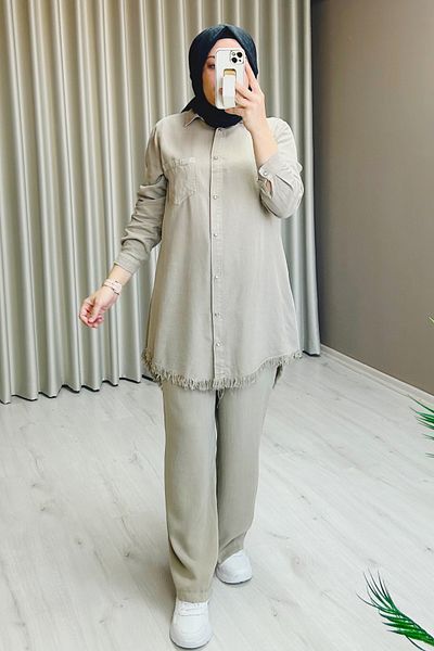 T Moda Store Premium Fabric Snap Button Detailed Shirt Trousers Double Hijab Suit
