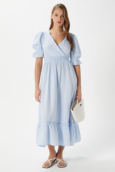 Ritnice Rochie de damă Hailey din muselină de bumbac albastră cu talie elastică