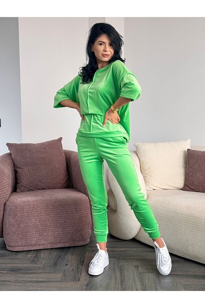 RAMONA BADESCU EXCLUSIVE Trening verde din catifea pentru femei – Bluză cu mânecă 3/4 și pantaloni conici – XS-XL