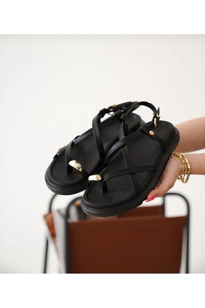 ZİESCE Women's Black Flip Flops Sandals with Gold Buckle Detail