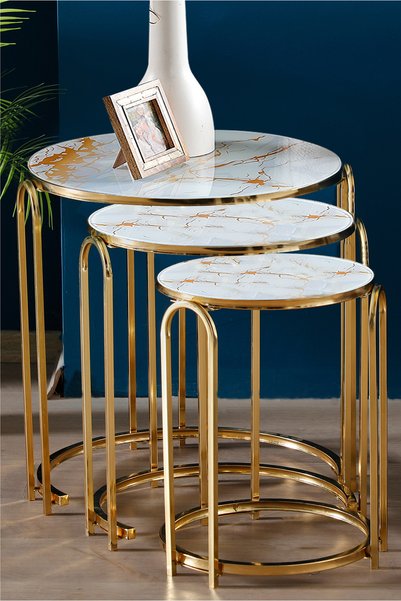 SEDAŞ LIVING UNITS Lenka Zigon Sehpa SARI MERMER Yuvarlak 3'lü Gold Metal sed...