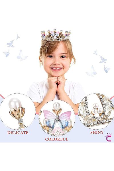 Cinderella Butterfly Pearl Zircon Stone Girl's Princess Crown Gold- Tiara Birthday Party Crown Hair Band Buckle