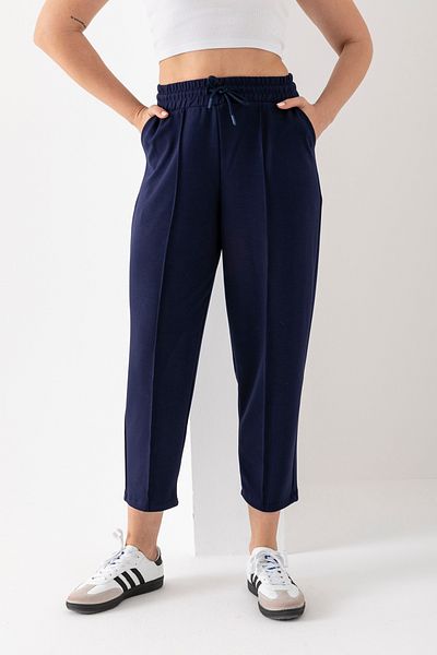 RuyaMood Women's Navy Blue Modal Fabric Balloon Model Front Ribbed Comfortable Fit Pants