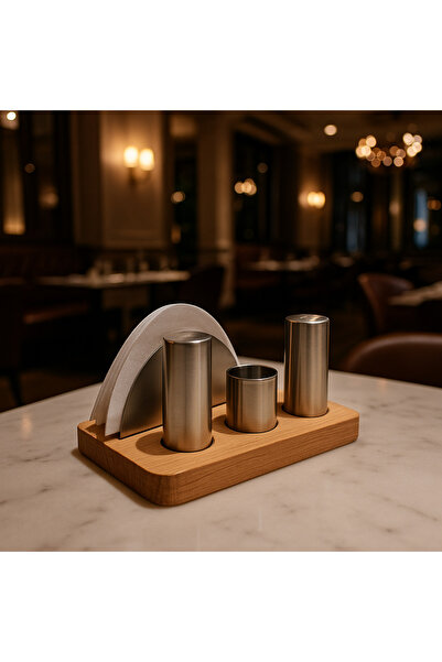 Veliday 4 Bölmeli Ahşap Peçetelik Kürdanlık Tuzluk Baharatlık Seti Lokanta Re...