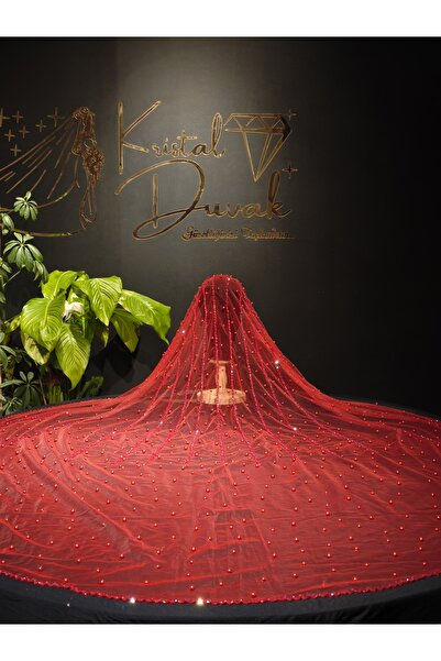 Kristal Duvak İncili Başak Gelin Duvağı Duvak - Kırmızı Duvak