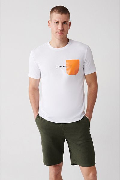Avva Weißes Herren-T-Shirt aus 100 % Baumwolle mit Rundhalsausschnitt und Taschendruck A31y1152