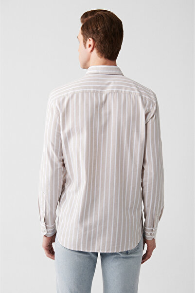 Avva Ανδρικό μπεζ 100% βαμβακερό πουκάμισο Oxford ριγέ A31y2055