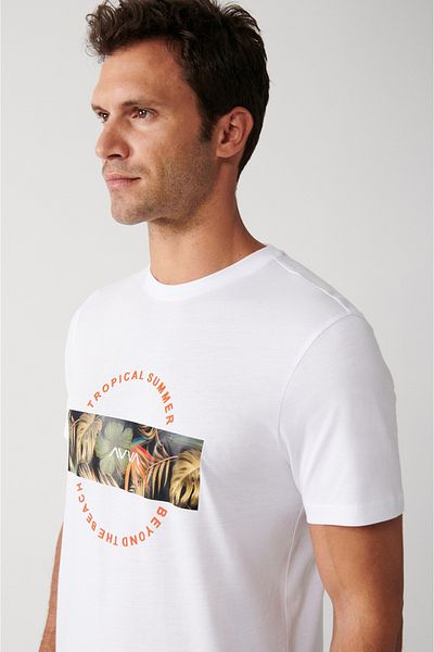 Avva Weißes, ultraweiches, bedrucktes Herren-T-Shirt mit Rundhalsausschnitt A31y1047