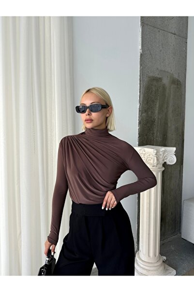 peralist Γυναικεία Καφέ Μπλούζα ψηλός λαιμός λεπτομέρεια με σούρες ελαστικό ύ...