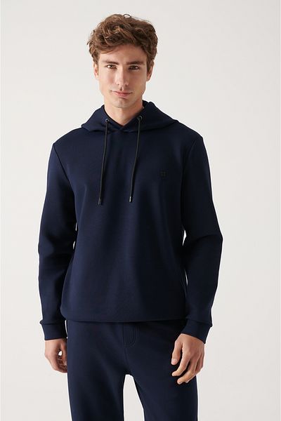 Avva Marineblaues Herren-Sweatshirt mit Kapuze, flexiblem, weichem Textur-Interlock-Stoff B 001101