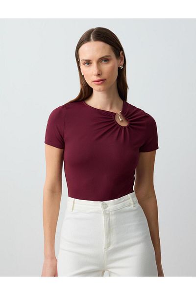 Jimmy Key Bluză tricotată cu mânecă scurtă cu decolteu asimetric burgundy