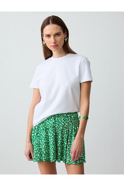 Jimmy Key Green Relaxed Cut Regular Waist Floral Patterned Knitted Mini Skirt