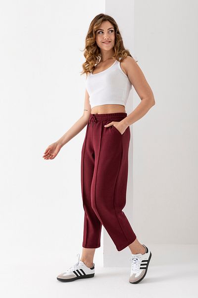 RuyaMood Women's Burgundy Modal Fabric Balloon Model Ribbed Front Comfortable Fit Trousers