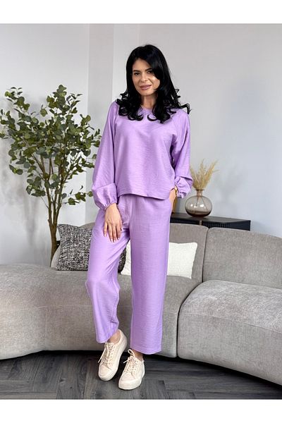 RAMONA BADESCU EXCLUSIVE Lilac viscose tracksuit – loose blouse and straight pants (sizes XS–XL)