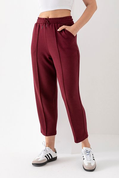 RuyaMood Women's Burgundy Modal Fabric Balloon Model Ribbed Front Comfortable Fit Trousers