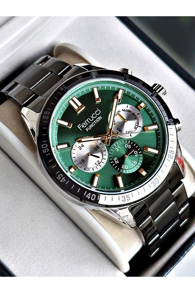 Ferrucci Black Color Green Dial Functions Active Sport Steel Band Men's Wristwatch Bracelet