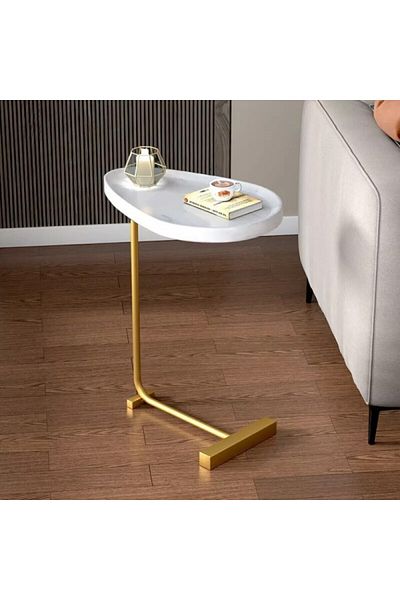 1st C-shaped Coffee Side Table With Water Resistant Top - Scandinavian Wood- White& Gold