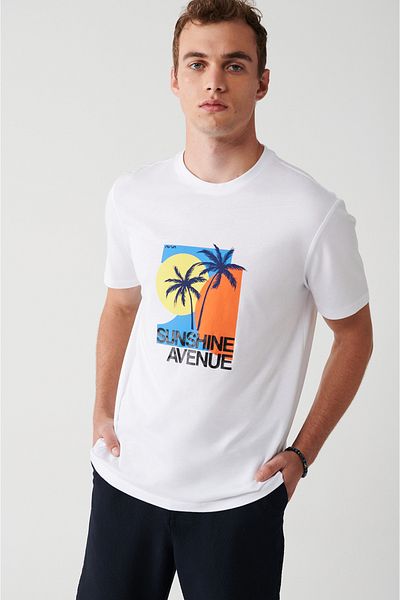 Avva Weißes, ultraweiches, bedrucktes Herren-T-Shirt mit Rundhalsausschnitt A31y1046