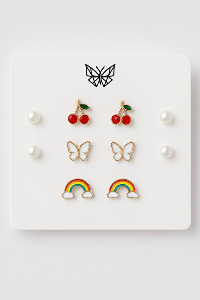 MakeWell 925S Silver Needle Anti Allergic Cherry Rainbow Butterfly Design Pea...