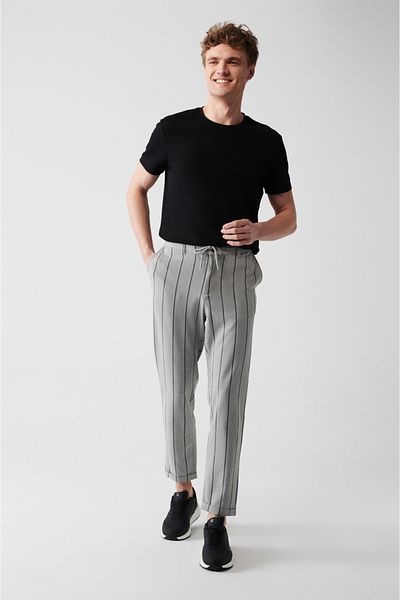 Avva Ανδρικό γκρι ελαστικό ριγέ παντελόνι Jogger - Διπλό πόδι, ελαστική πίσω μέση A31y3020