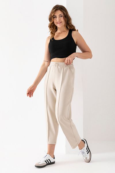 RuyaMood Women's Beige Modal Fabric Balloon Model Front Ribbed Comfortable Fit Trousers