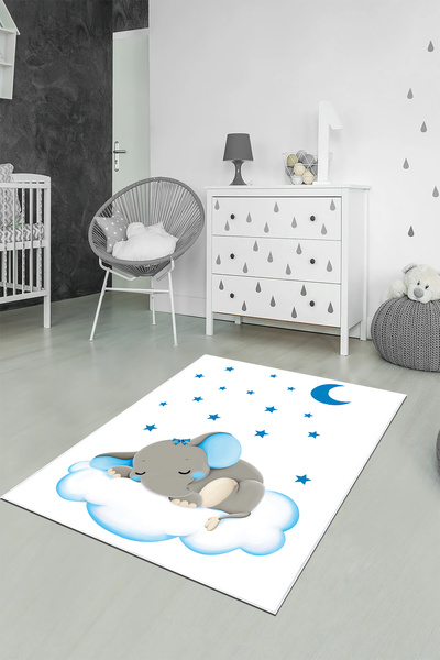 CENTER AVM Mavi Çocuk Odası Halısı Leke Tutmaz Makinede Yıkanabilir Kaymaz Ta...
