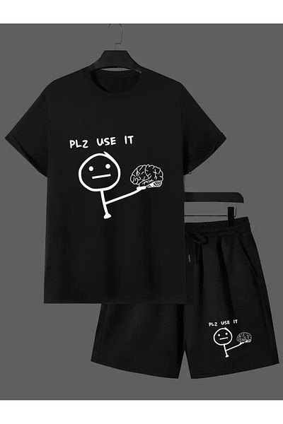 ALİKA Copy - Men's Plz Use It Printed Bottom Top Suit Black Shorts Black T-Shirt Casual Bottom Top Suit