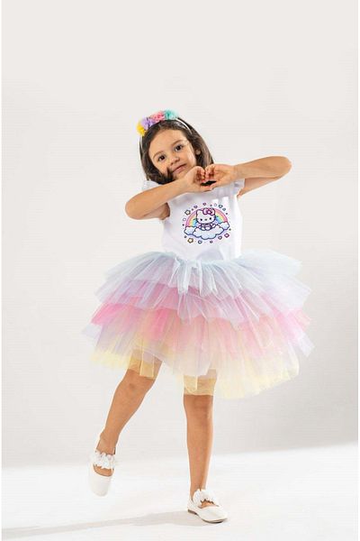 YAĞMUR KOStütüM Hello Kitty Rainbow Themed Girls' White Birthday Dress and Party Costume (with Crown Gift)