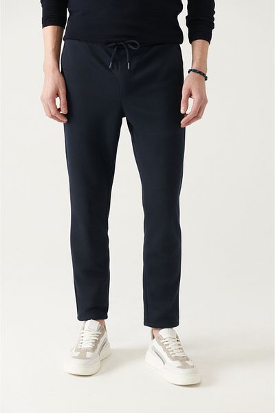 Avva Men's Navy Blue Elastic Waist Lace-Up Knitted Jogger Pants A31Y3027