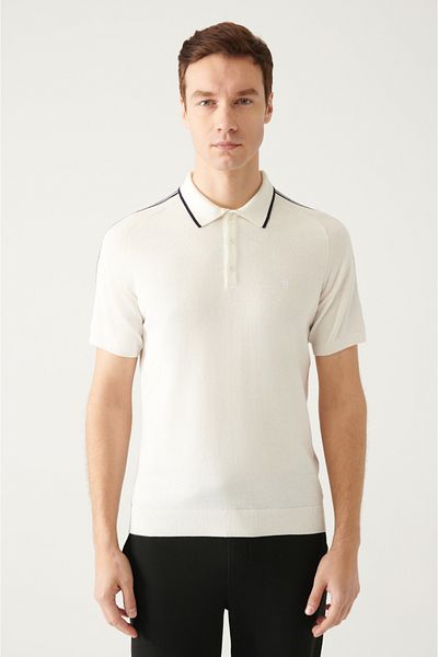 Avva Men's White Polo Collar Striped Shoulder Knitwear T-Shirt A31Y5114