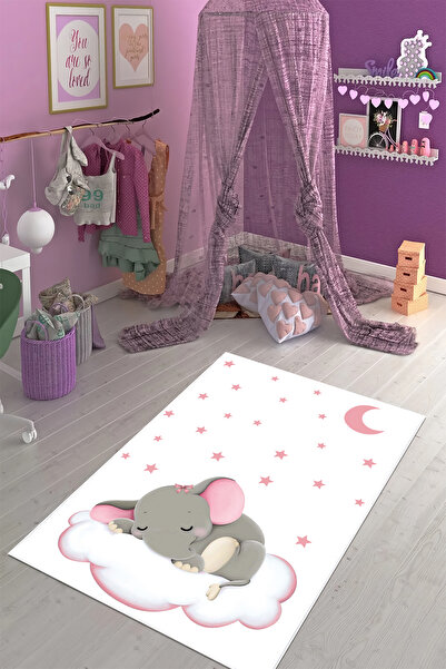 CENTER AVM Pembe Çocuk Odası Halısı Leke Tutmaz Makinede Yıkanabilir Kaymaz T...