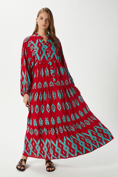 Ritnice Modest Megan Red Turquoise Women's 100% Viscose Maxi Length Tiered Balloon Sleeve Long Summer Dress