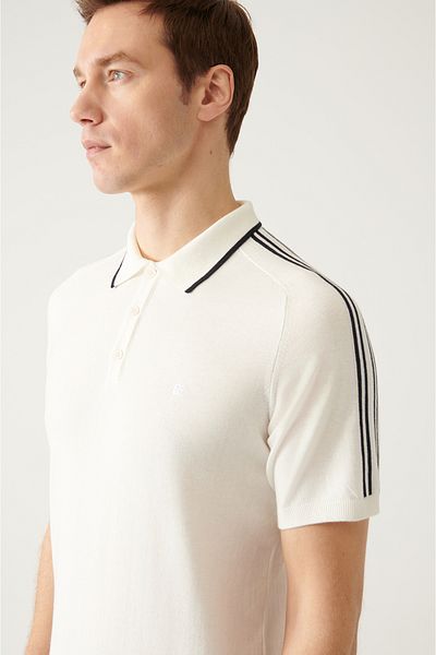 Avva Men's White Polo Collar Striped Shoulder Knitwear T-Shirt A31Y5114