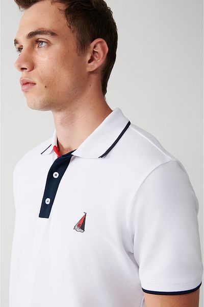 Avva Weißes Herren-T-Shirt mit Polokragen, 100 % Baumwolle, Marine-Aufdruck, A31y1188