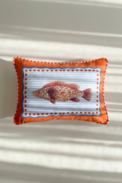 RİTMOHOME Balık Desenli Biyeli Marin, Deniz, Vintage, Country, Bohem 35x50 Dekoratif Yastık(İÇİ DOLGULU)