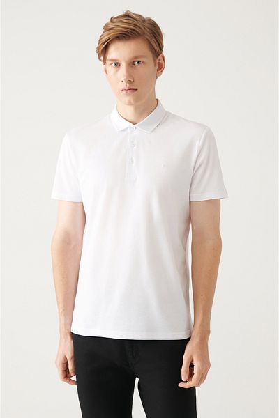 Avva Weißes, nicht kräuselndes Herren-T-Shirt aus 100 % Baumwolle mit 3-Knopf-Polokragen E 001035