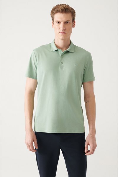 Avva Men's Water Green Non-Curling 100% Cotton 3-Button Polo Collar T-Shirt E 001035